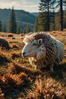 A sheep with curly wool grazing in a scenic, sunlit meadow surrounded by trees. photo