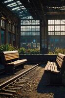 An empty train station with wooden benches and sunlight filtering through large windows. photo