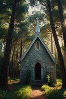 A quaint stone chapel nestled among tall trees in a serene forest setting. photo