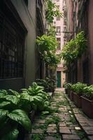 A serene alleyway adorned with lush greenery and potted plants, inviting tranquility. photo