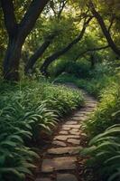 A serene stone path winding through lush greenery in a tranquil forest setting. photo