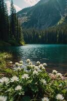 A serene lake surrounded by mountains and wildflowers under a clear sky. photo