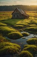 A rustic, abandoned house surrounded by lush greenery and a reflective stream at sunset. photo