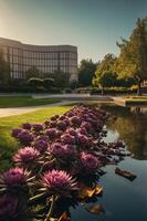 A serene landscape featuring blooming water lilies beside a reflective pond and modern building. photo