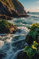 A scenic coastal view with waves crashing against rocky cliffs and greenery in the foreground. photo