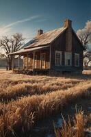 A rustic wooden house surrounded by frosty grass and trees under a clear sky. photo