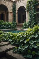 A serene courtyard with lush greenery surrounding a tranquil pool. photo