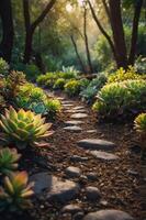 A serene pathway through lush greenery and succulents in a tranquil forest setting. photo