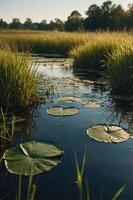 A serene water scene with lily pads surrounded by lush grass in a tranquil setting. photo