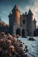 A medieval stone castle surrounded by snow and frost-covered plants under a dramatic sky. photo