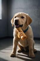 A playful puppy holds a chew toy in its mouth, sitting in a well-lit room. photo
