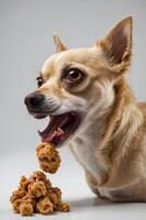 A playful dog enjoying a piece of food on a light background. photo