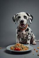 A Dalmatian dog sits beside a plate of colorful food, looking curiously at the camera. photo