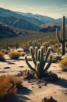 A serene desert landscape featuring cacti with mountains in the background. photo