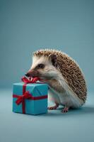 A hedgehog beside a small gift box, creating a whimsical and festive atmosphere. photo
