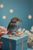 A bird perched on a gift box surrounded by flowers and soft lights, creating a festive atmosphere. photo