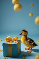 A duckling stands beside a gift box, creating a playful and festive atmosphere. photo