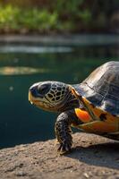 A close-up of a turtle resting by the water's edge, showcasing its vibrant shell and surroundings. photo
