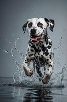 A Dalmatian dog joyfully leaps through water, creating splashes in a dynamic action shot. photo