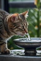 A cat drinking from a water fountain in a lush garden setting. photo