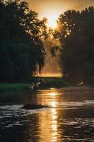 Serene river scene at sunrise with birds in flight and misty surroundings. photo
