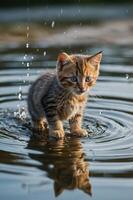 un juguetón gatito soportes en superficial agua, rodeado por ondas y salpicaduras foto
