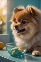 A fluffy Pomeranian dog sitting beside a bowl of colorful treats on a table. photo