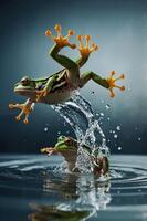 Two frogs jumping out of water, creating splashes in a dynamic and lively scene. photo