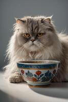 A fluffy cat gazes intently at a decorative bowl, illuminated by soft natural light. photo