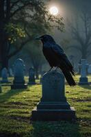 A raven perched on a gravestone in a misty cemetery with a full moon in the background. photo