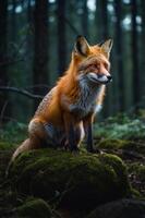 A majestic red fox sitting on a moss-covered rock in a serene forest setting. photo