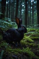 A black rabbit sits amidst lush greenery in a dark forest, creating a mysterious atmosphere. photo