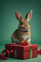 A rabbit sitting on a red gift box with a bow, against a green background. photo