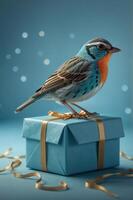 A colorful bird perched on a gift box, creating a whimsical and festive atmosphere. photo