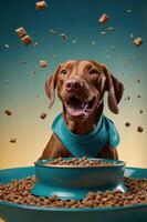 A happy dog with a bowl of food, surrounded by floating kibble. photo