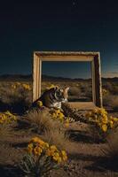 A tiger rests amidst flowers in a desert, framed by an empty wooden frame under a starry sky. photo