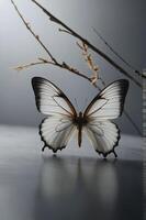A delicate butterfly with white wings perched near a branch, showcasing nature's beauty. photo