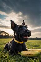 A black Scottish Terrier lying on grass with bananas, under a cloudy sky. photo