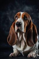 A close-up portrait of a Basset Hound with expressive eyes against a dark backdrop. photo