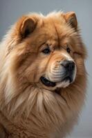 A close-up portrait of a fluffy Chow Chow dog with a thick mane and expressive eyes. photo