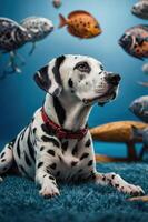 A Dalmatian dog poses amidst colorful fish decorations, creating a whimsical underwater scene. photo