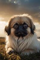 A close-up of a Pekingese dog resting on grass during a sunset. photo