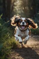 A joyful dog runs through a sunlit forest path, capturing the essence of playfulness. photo