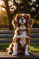 A regal dog sits on a bench, illuminated by warm sunlight in a serene outdoor setting. photo