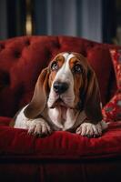 A basset hound resting on a plush red couch, gazing thoughtfully. photo