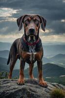 A proud dog stands on a rocky outcrop, overlooking a mountainous landscape under dramatic skies. photo