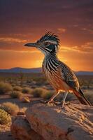 A colorful bird stands on a rock against a stunning sunset in a desert landscape. photo