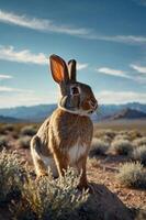 A rabbit stands on a rock in a desert landscape under a blue sky with distant mountains. photo