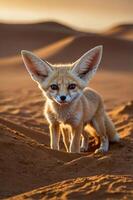A fennec fox stands in a desert landscape, showcasing its large ears and sandy fur. photo