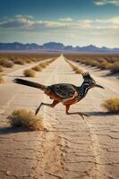 A roadrunner running along a desert road with mountains in the background. photo